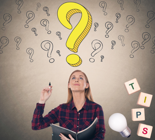 A girl pointing upwards with several question marks against a brown background accompanied by the word 'tips